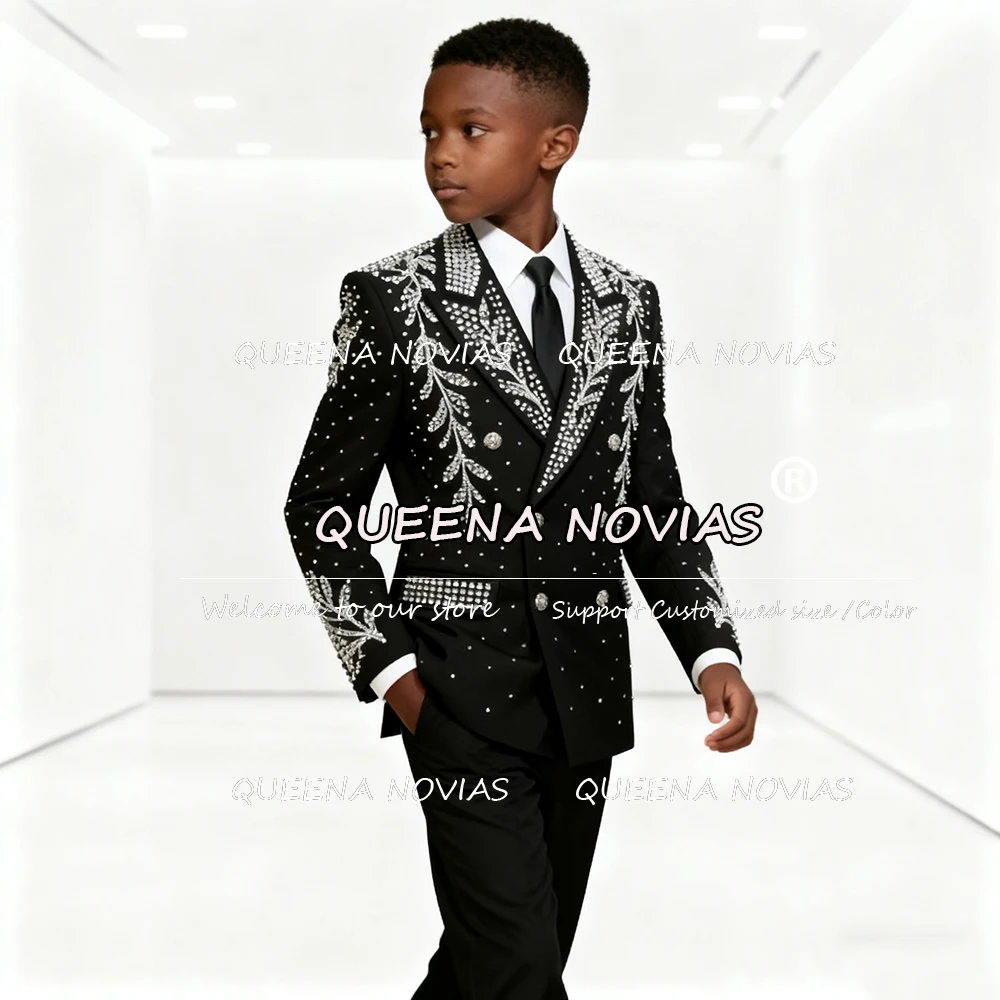 高級ビーズストーン付き男の子用スーツ 結婚式用 シングルブレストプロムブレザー カスタムメイド 2ピース キッズフォーマルパーティー ウェディングタキシード