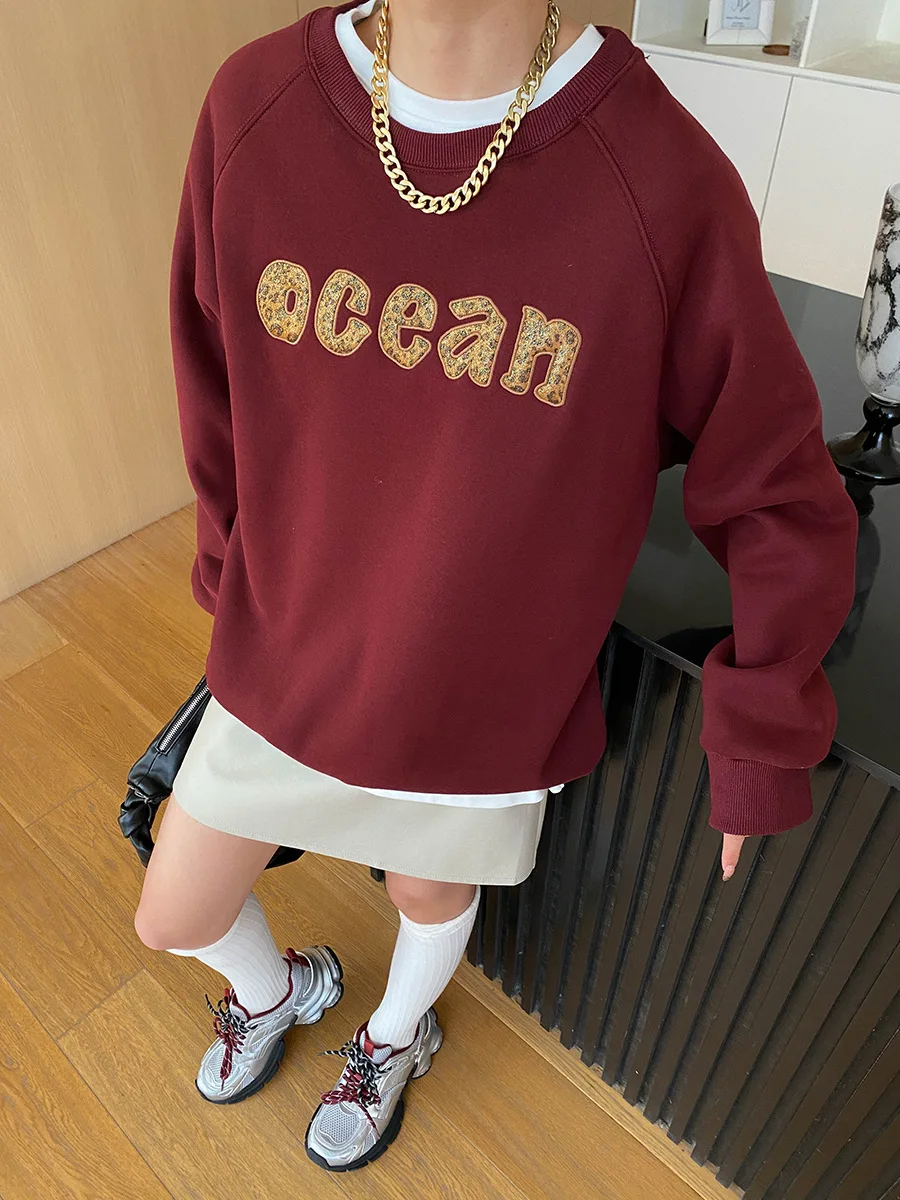 Spring and Autumn Women's Casual Solid Color Letter Embroidered Round Neck Long Sleeve Loose Sweater