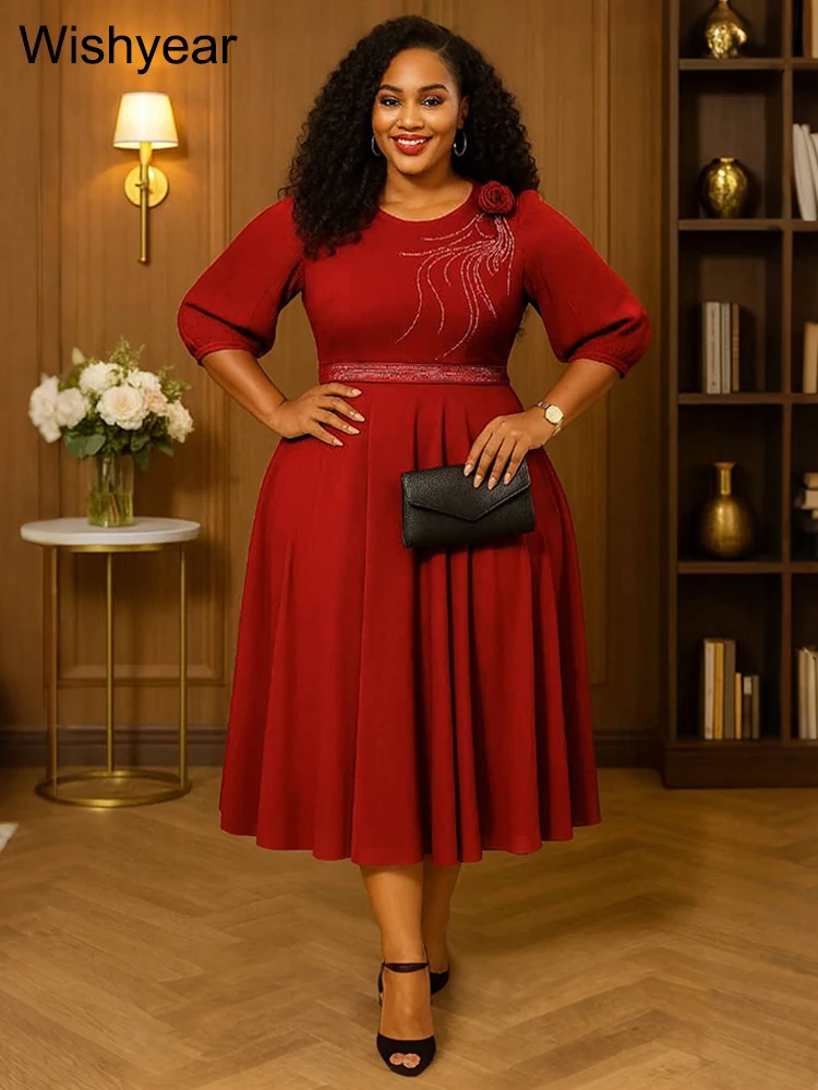 New Elegant Red 3/4 Sleeve O-neck A-line mid Dress for Women with 3D Flower African Rhinestones Office Lady Casual Autumn Robe