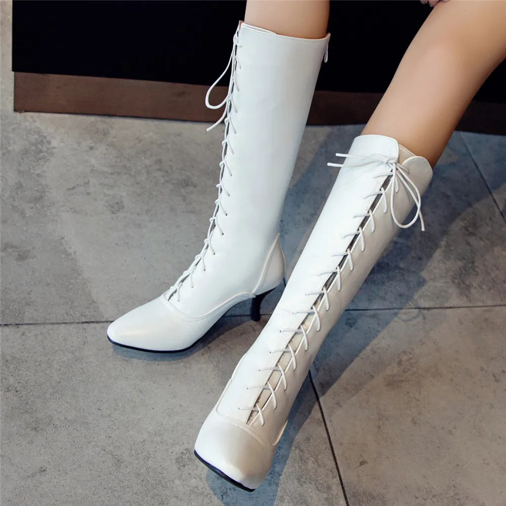 2024 Autumn Winter Black Boots Women Shoes Knee High Ladies Casual Vintage Mid-Calf Boots White Lace Up Pointed Thin Heels Shoes