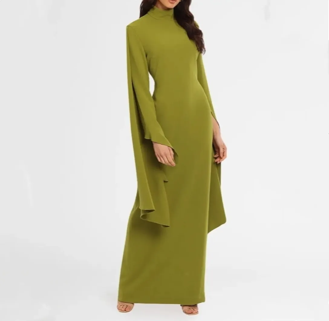 

Customized Long Sleeve Green Evening Dresses with Slit Crepe Mermaid High Neck Floor Length Prom Dresses for Women