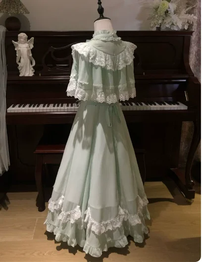 Japanese Elegant Women Summer Bow Temperament Lolita Cloak Dress Sweet Lace High Waist Age Reduction Big Swing Long Dresses