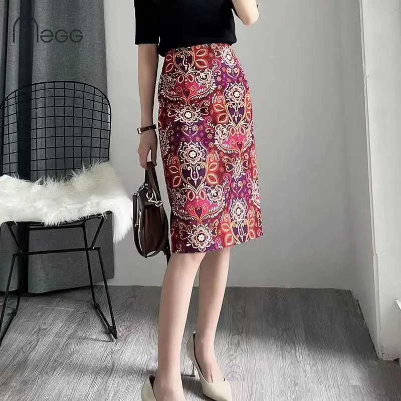 Jupe mi-longue taille haute pour femme, motif floral rétro, taille moyenne, effet slim, design fendu, jupe étreignante en une étape, printemps, nouveau