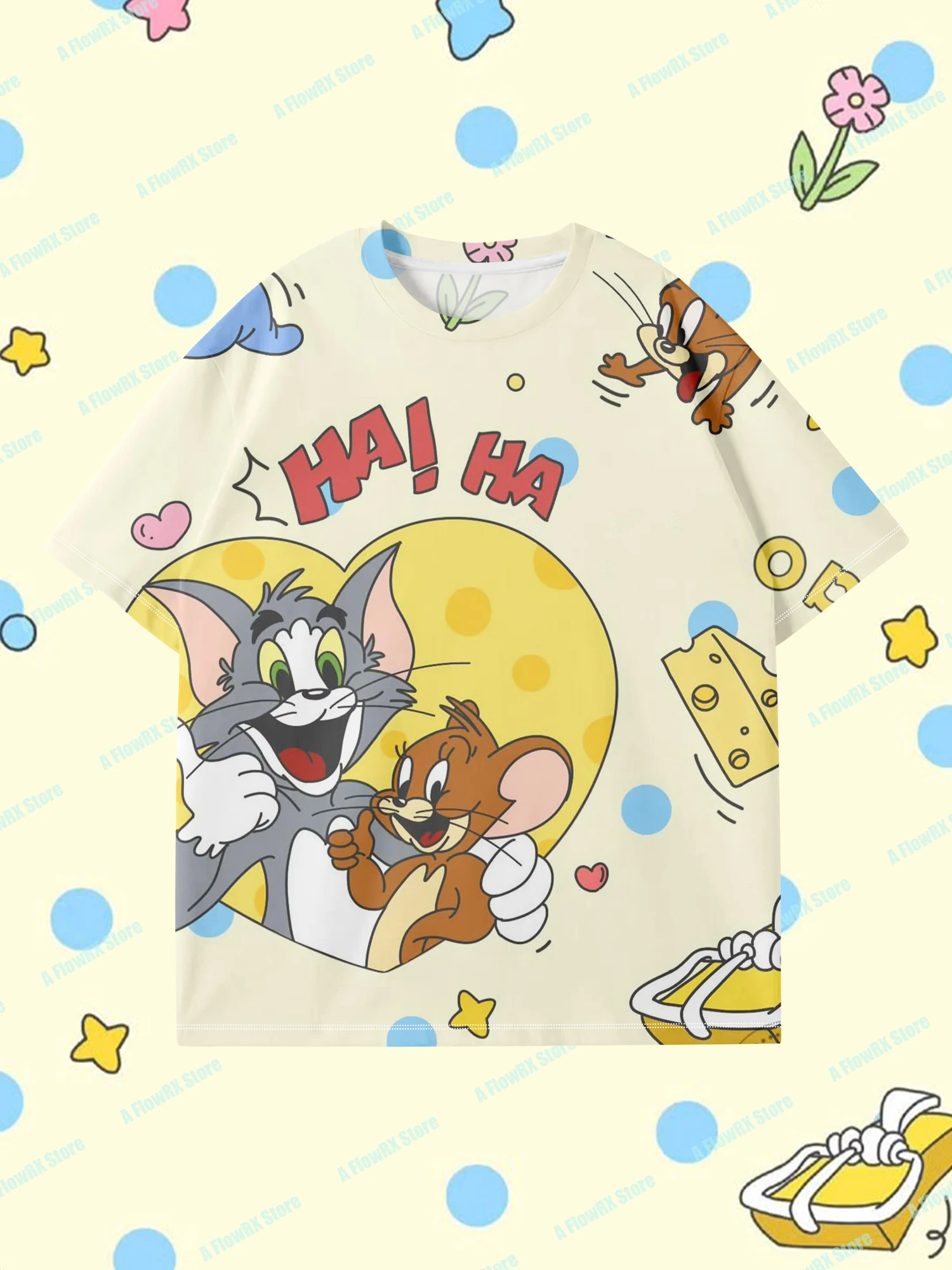 تي شيرت TOM and JERRY مطبوع ثلاثي الأبعاد مثالي للاستخدام في الهواء الطلق مناسب للرجال والنساء والكبار والأطفال في الصيف ومريح