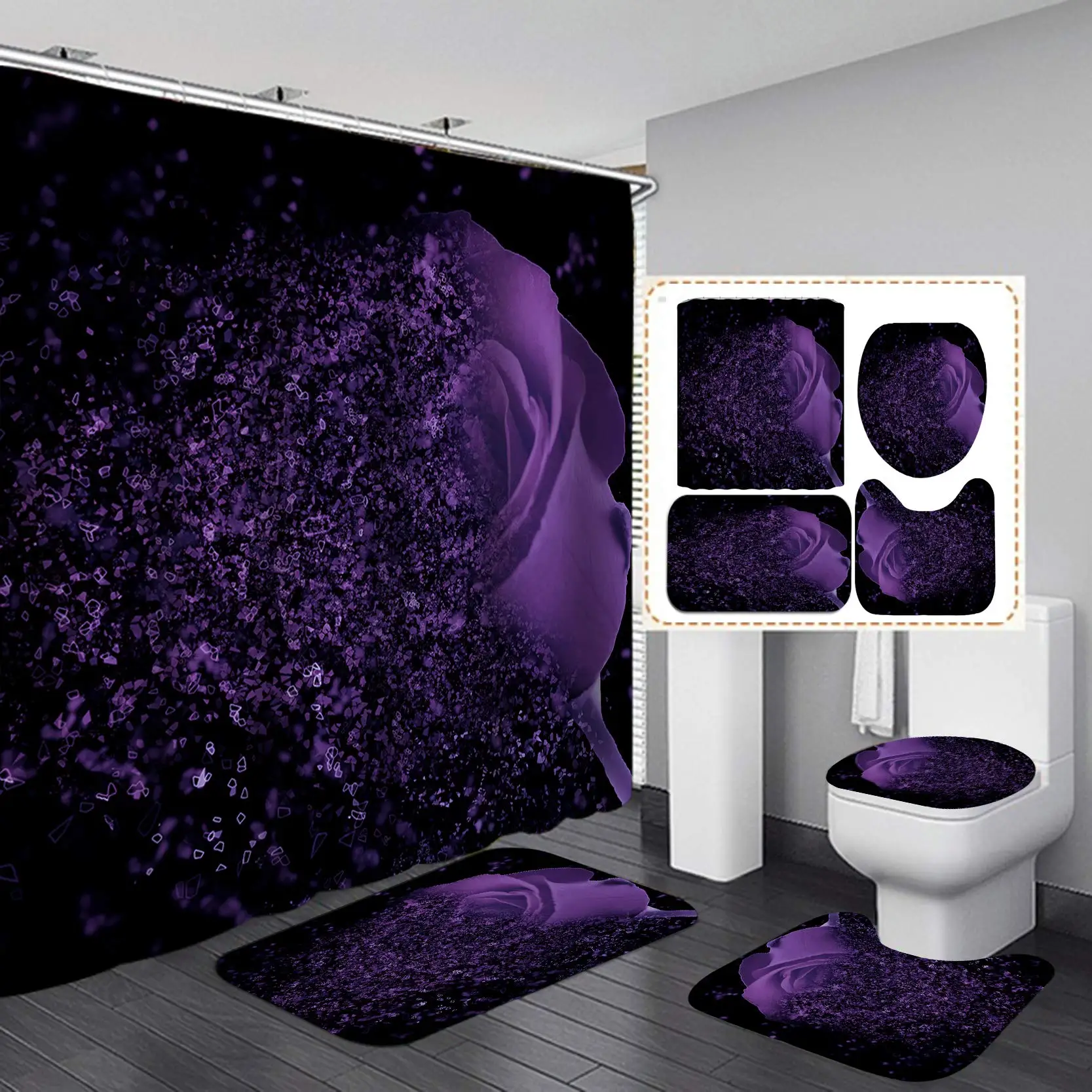 Purple Rose Moon Shower Curtain Waterproof Polyester Washable Non-Slip Mat Rugs Carpet Toilet Seat Cover Bathtub Bathroom Decor