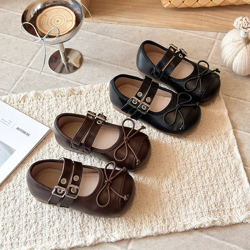 Girls Leather Shoes Simple Bows Kids Princess Shoes Round Toes Soft Bottom 2026 Brand New Children Flat Shoes Double Hook&loop