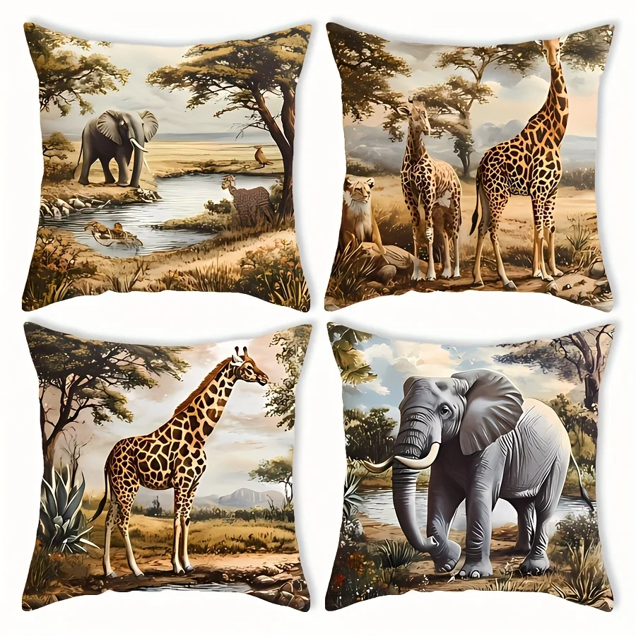 4PCS Safari Animal Print Pillowcase Set 40x40cm Jungle Wildlife Throw Cushion Cover Giraffe Elephant Lion Tropical Zoo Art Decor