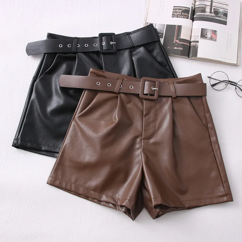 2026 nowe, modne i uniwersalne spodnie z szerokimi nogawkami z wysokim stanem, wyszczuplające, z ekoskóry PU, szorty codzienne damskie - z paskiem