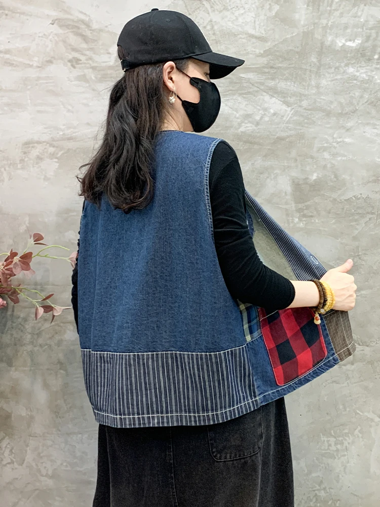 AmaxluluE Autumn Fashion Sleeveless Clothes Womens Loose Plaid Denim Vest Classic Printed Coats Ladies Casual Vintage Waistcoats