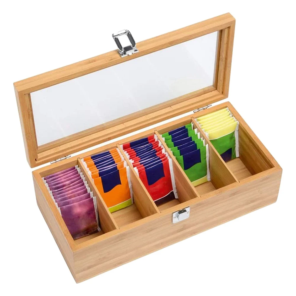 AA05 Multifunctional Bamboo System Tea Bag Jewelry Organizer Storage Box 5 Compartments Tea Box Organizer Sugar Container