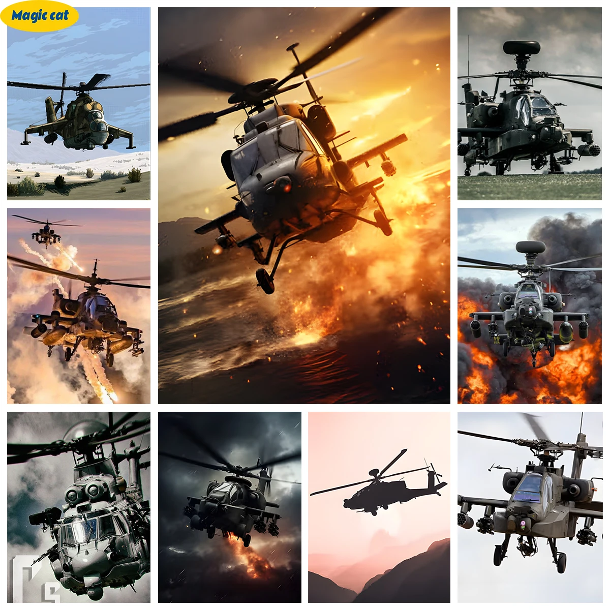 Fighter 5D Diamond Painting Apache Airplane Diy Diamond Embroidery Rhinestone Cross Stitch Home Wall Decor Military Fans Gift