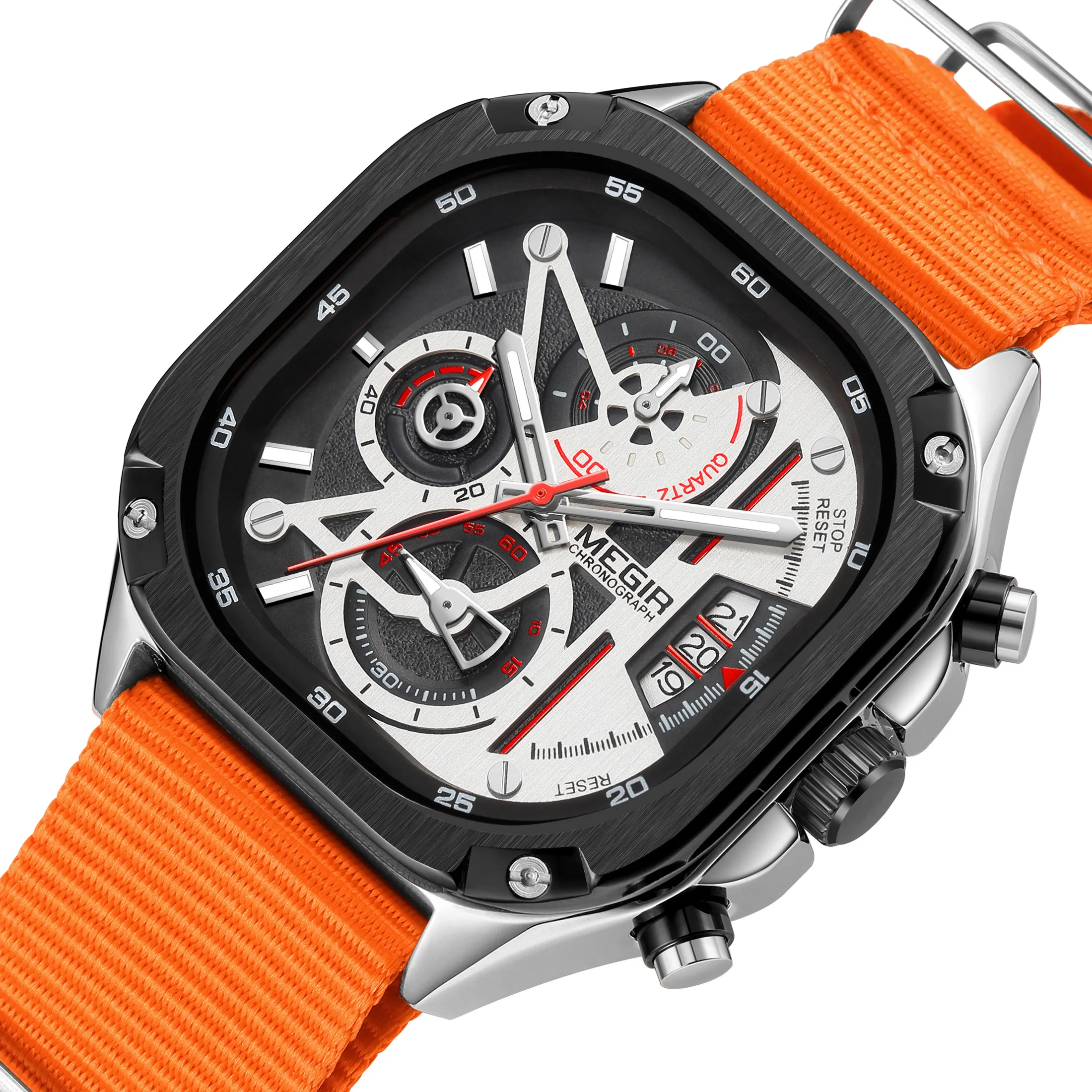 MEGIR Men\'s Watch with Chronograph Orange Canvas Band Sport Wristwatch Luminous Auto Date Quartz Watches Clock Montre Homme 2217