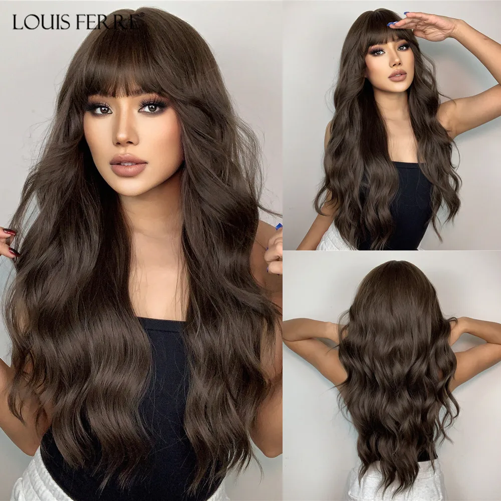 

LOUIS FERRE Dark Brown Long Wavy Wig for Women Natural Brown Layered Synthetic Wigs with Bangs High Temperature Daily Party Hair