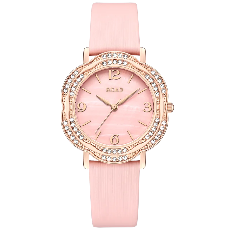 READ Ladies Analog Dress Watch | Floral Outline Case | Sparkle Bezel | Pink Textured Band | Daily Water Resistant Wrist Watch