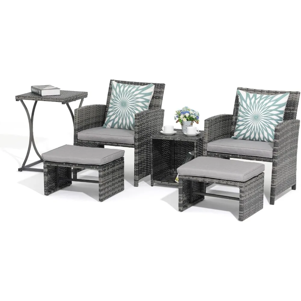 

OC Orange-Casual 6 Piece Patio Furniture Conversation Set with Ottoman, Outdoor Grey Wicker Chair and Table Set, Balcony Furnitu