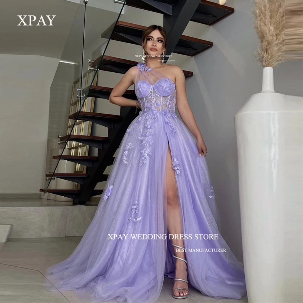 

XPAY Elegant Lavender A Line Long Prom Dresses Glitter Flowers Lace Tulle Split Evening Gowns Pageant Party Dress Dubai Arabic