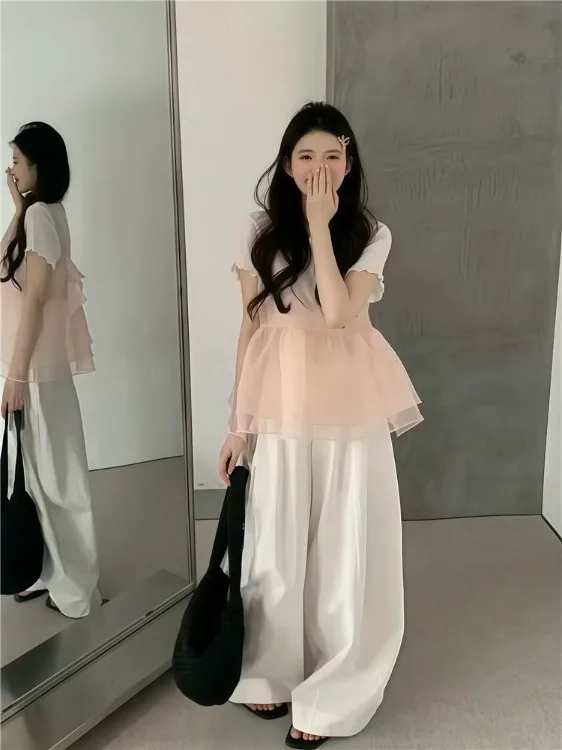 

Korean Style Design Short Sleeve Mesh Knot Doll Shirt Set Women's Base Shirt Layering Netting Wooden Ear Women