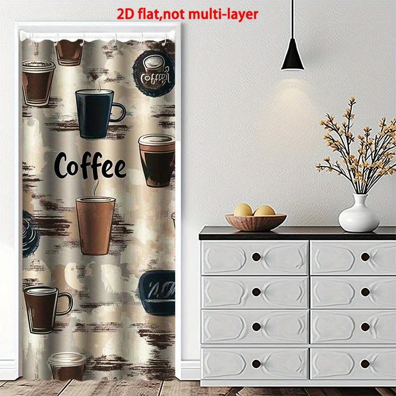 VIKAMA 2D Flacher Türvorhang mit Kaffeemuster, Retro-Kunstdesign, Trennwand für Küche und Esszimmer und dekorativer Türvorhang