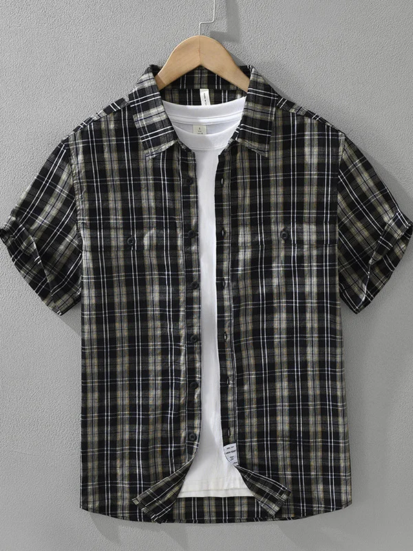 

Retro Japanese Plaid ort Sve Cotton Casual irt Men's Summer New Sle Loose Fit Faionable Turn-down Collar Trendy Top