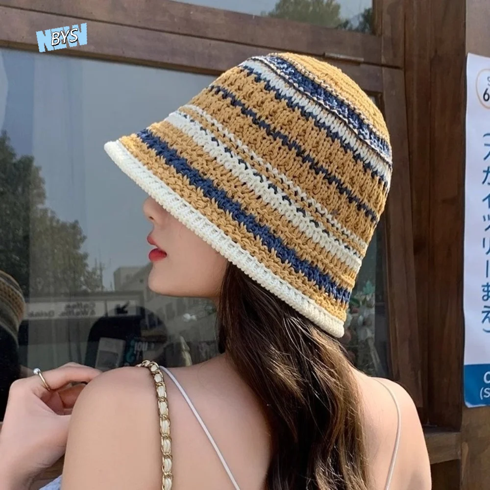 

Casual Colorful Knitted Bucket Hat Temperament Stripe Sunshade Basin Cap Korean Style Breathable Sun Protection Cap Women