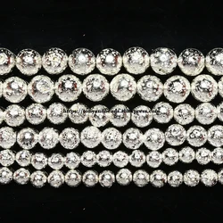 Natural Stone Silver Plated Volcano Lava Round Loose Beads 15