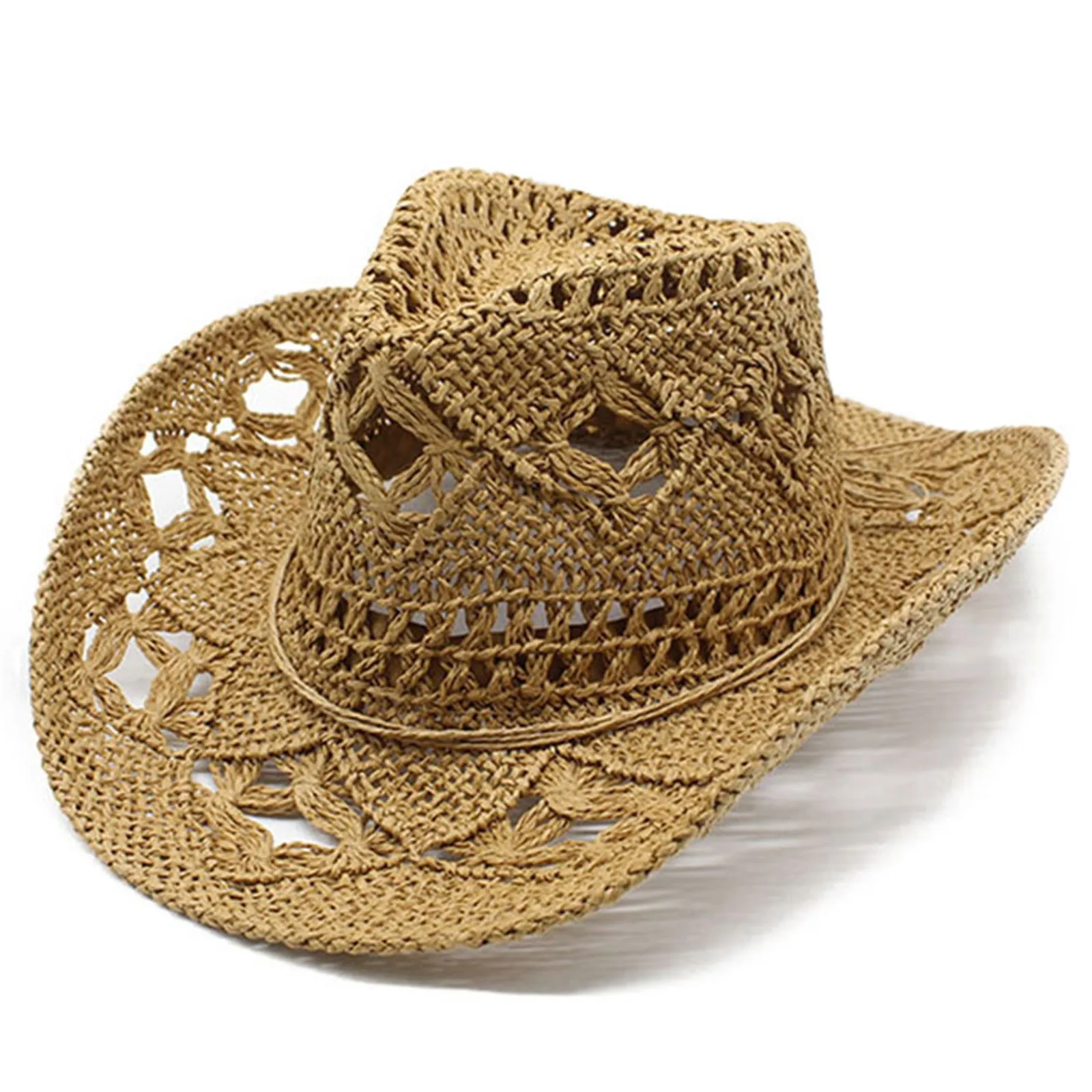 Summer Outdoor Men Women Hand-woven Western Cowboy Paper Straw Hats Wide Brim Breathable Beach Jazz Cap Sun Protection Hat