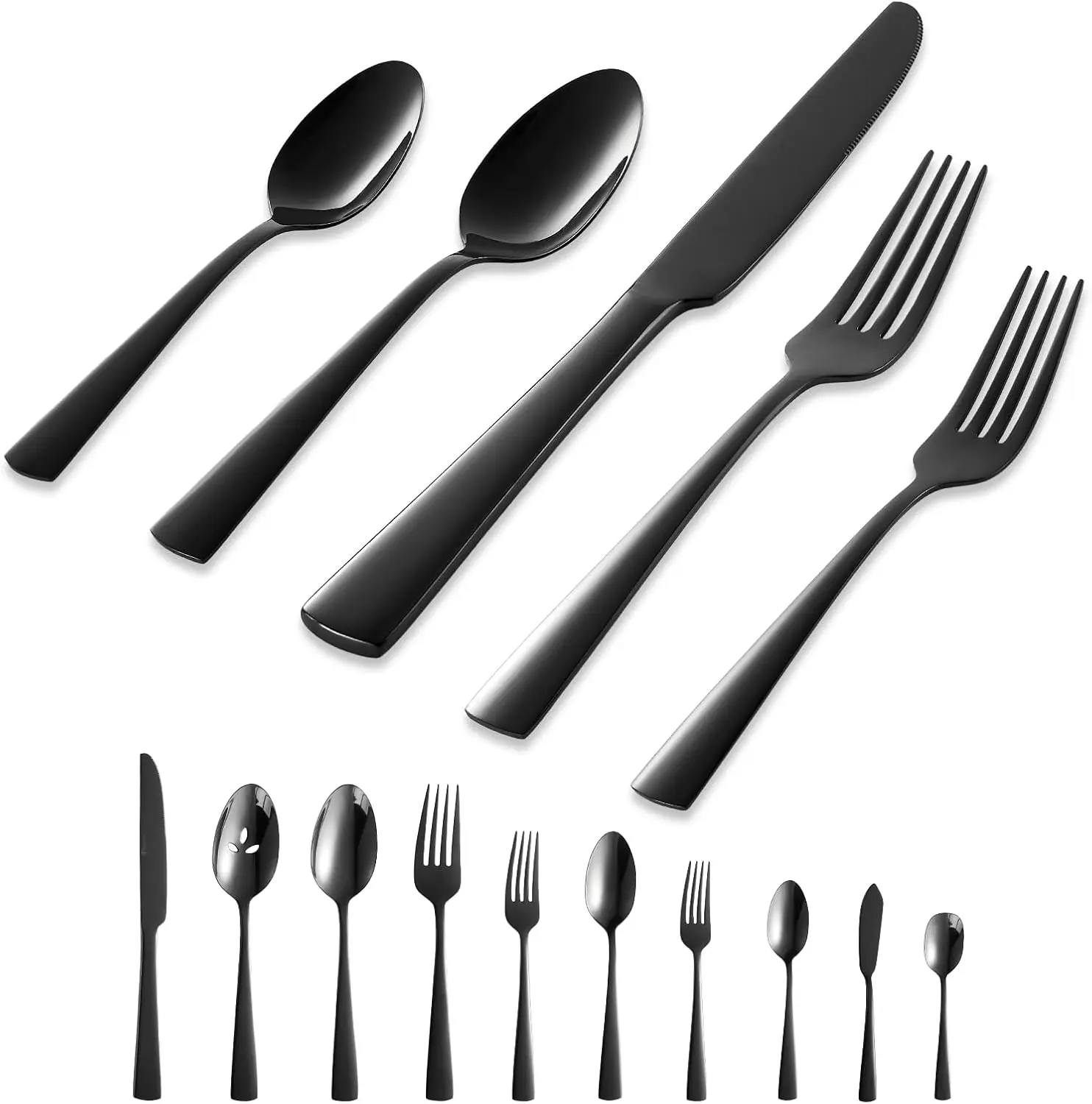

45-Piece Black Stainless Steel Flatware Set for 8, Mirror Polished, Dishwasher Safe