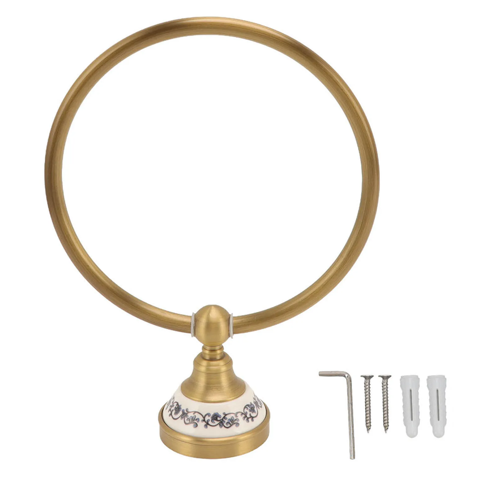 

Towel Ring Rack Antique Brass Finish Wall Mounted Bathroom Hand Towel Holder with Blue and White Porcelain Decal