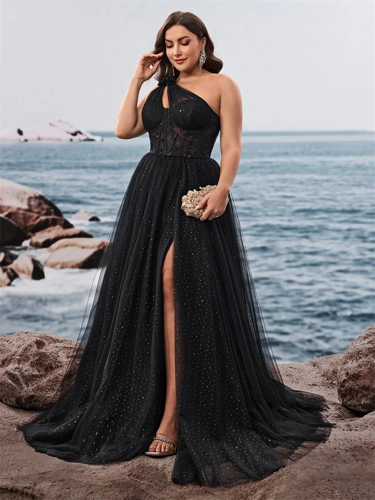Lucyinlove Plus Size Luxury Skew-shouldered Applique Cake Dress Luxury Slit Formal Evening Dresses Elegant Graduation Party Gown 4