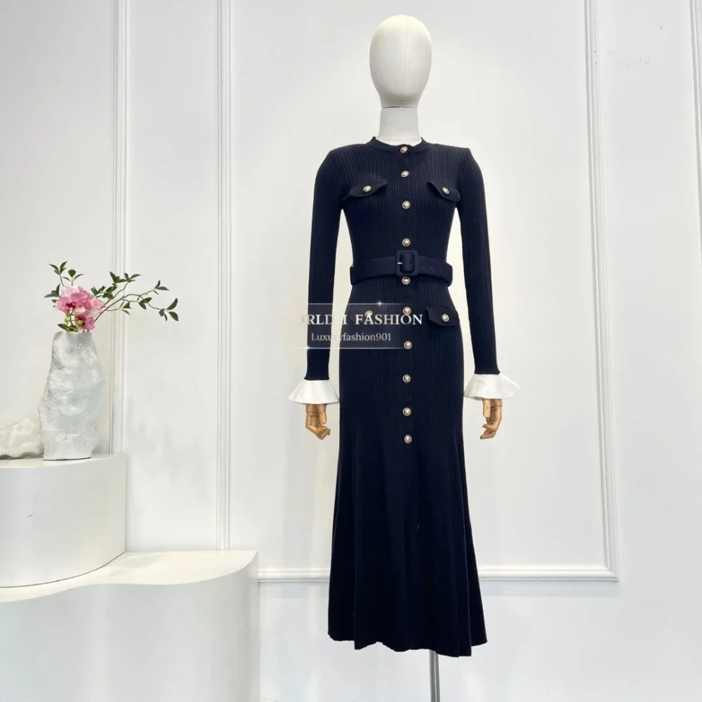 

2025 Spring and Autumn Women's Elegant Slim Mid-Length Sleeve Belt Black Long-Sleeved Dress Can Be Worn on Various Occasions