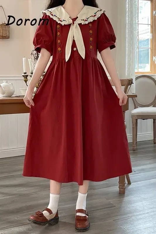 Ricamo Vintage abito Kawaii donna estate stile Preppy coreano colletto Peter Pan manica a sbuffo abito Lolita elegante festa Vestido