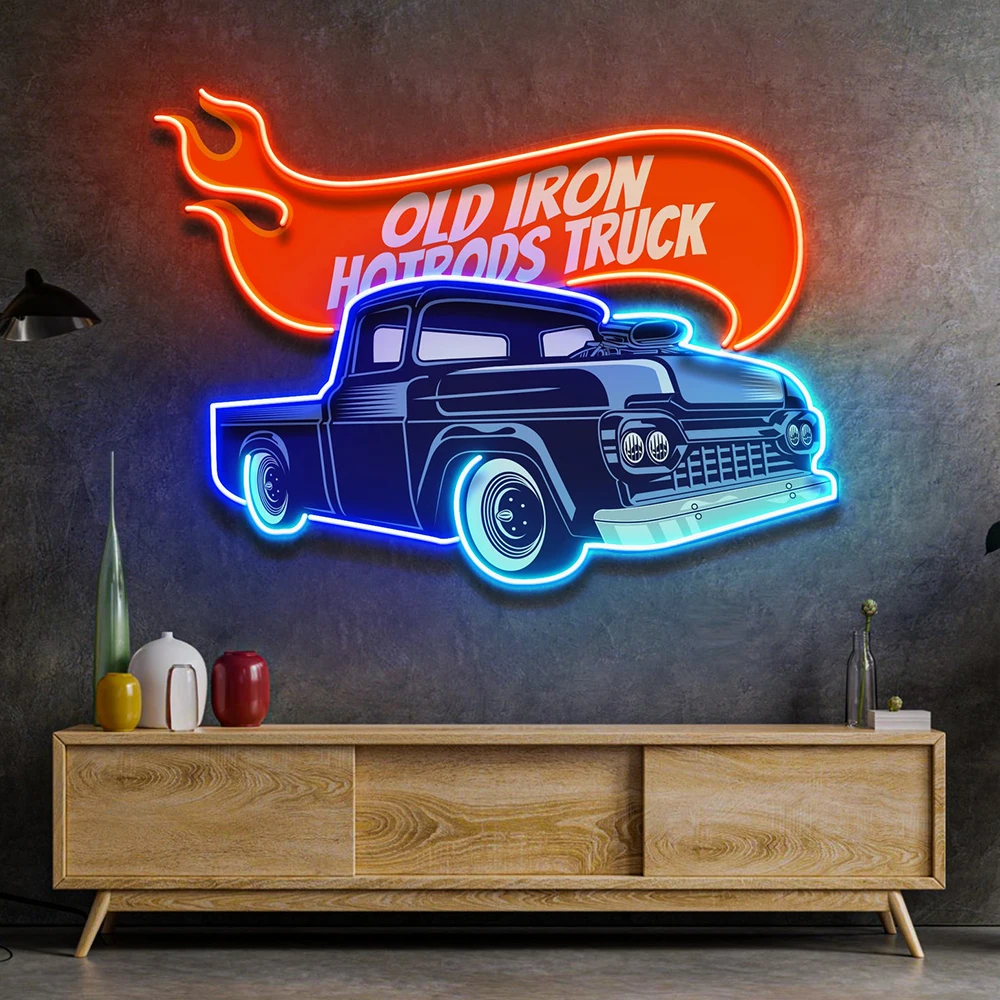 Old Iron Hotrods Truck LED Neon Sign Handmade Gaming Room Bedroom Wall Art Decor Night Light Custom Car Bar Club Decoration Sign