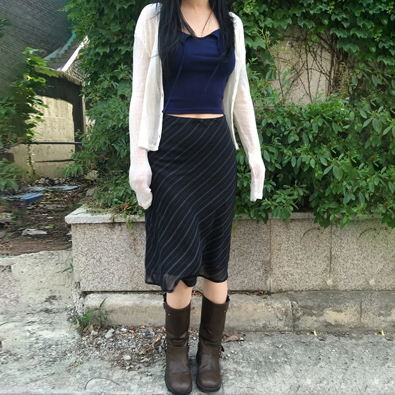 

Sweetown Retro Briti Sle Stripe Color Blo Midi Skirt Slimming Chiffon f Skirt High Waist A-Line Long Dr