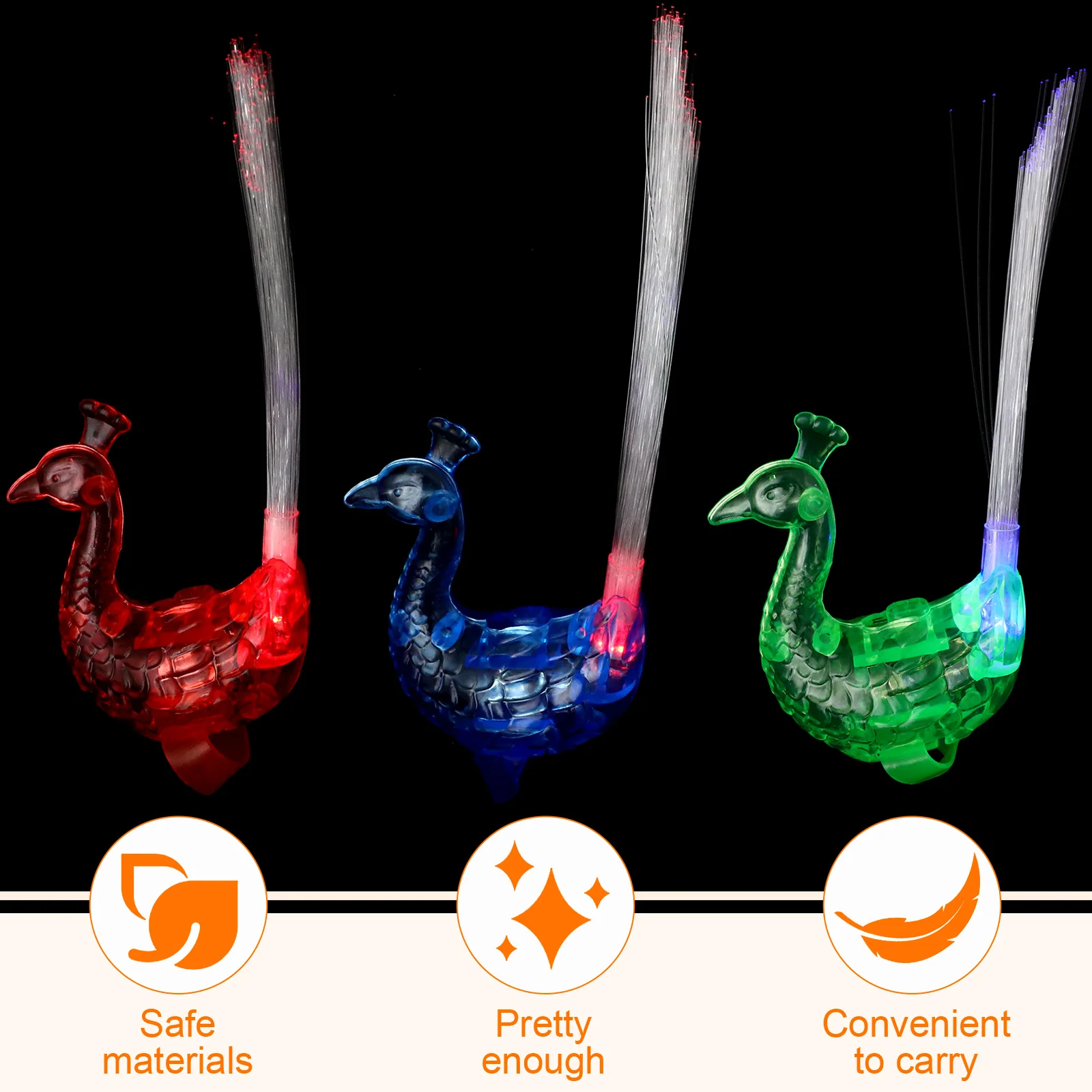 

24 шт. светящихся фонариков-перьев павлина из оптоволокна для детских праздников, мигающие, разноцветные, безопасные, гладкие, без запаха