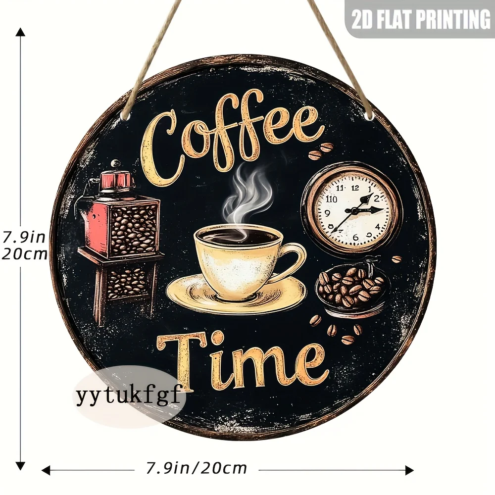 1pc Vintage Coffee-Themed Wall Hanging Sign - 8x8 Inch Round Wooden Decor with Coffee Cup, Kettle, and Clock Design - Perfect fo