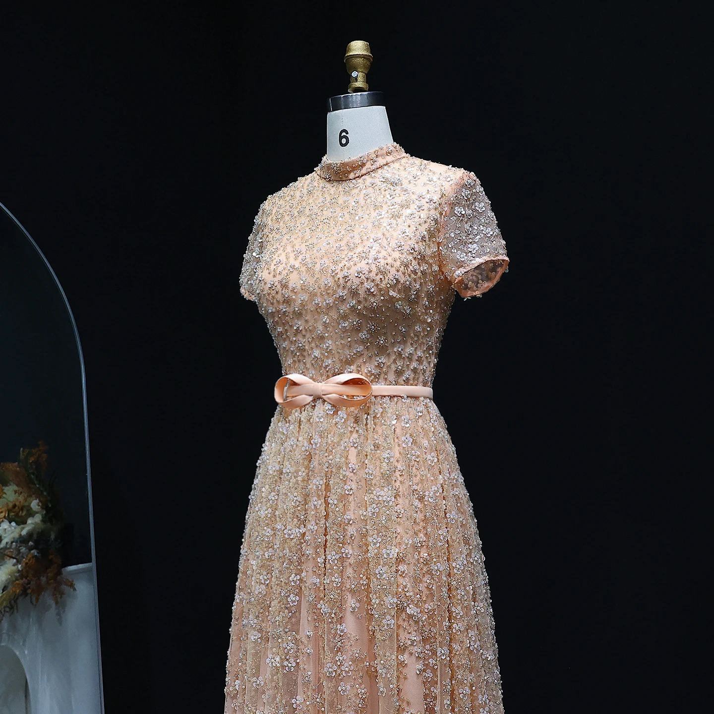 Sharon Said Elegant Embroidered Peach Evening Gown with Bow Luxury Beaded Arabic Women Wedding Party Dress SS304 Customized