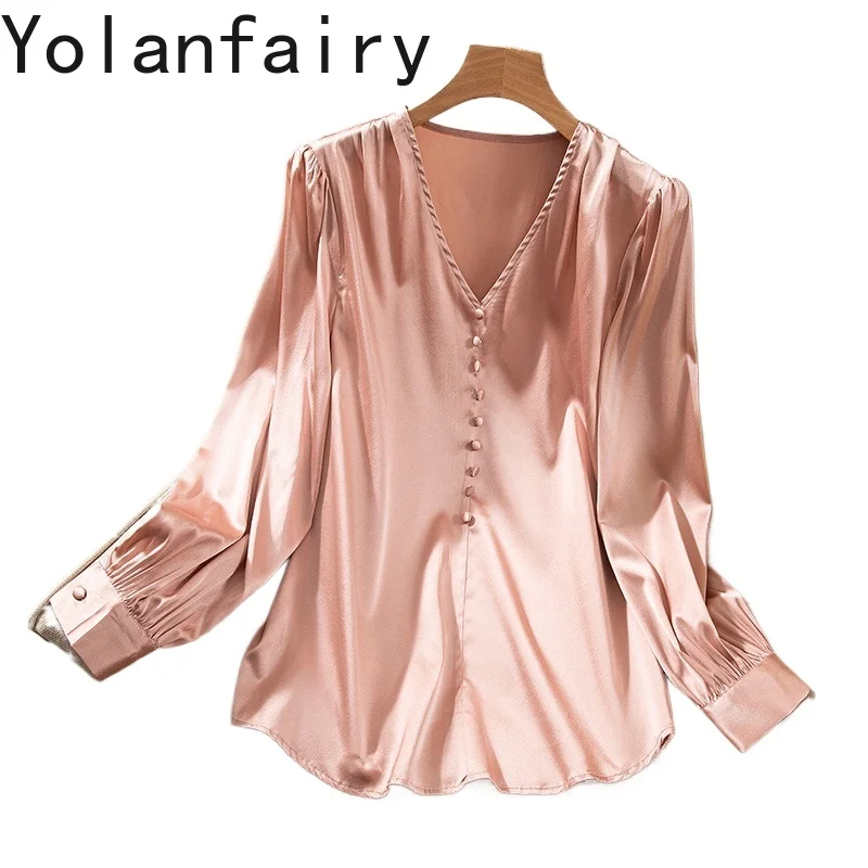 

YOLANFAIRY 93% Real Mulberry Silk 7% Spandex Woman Blouses and Tops Spring Summer Office Wear V-neck Long Sleeve Blouse Femme