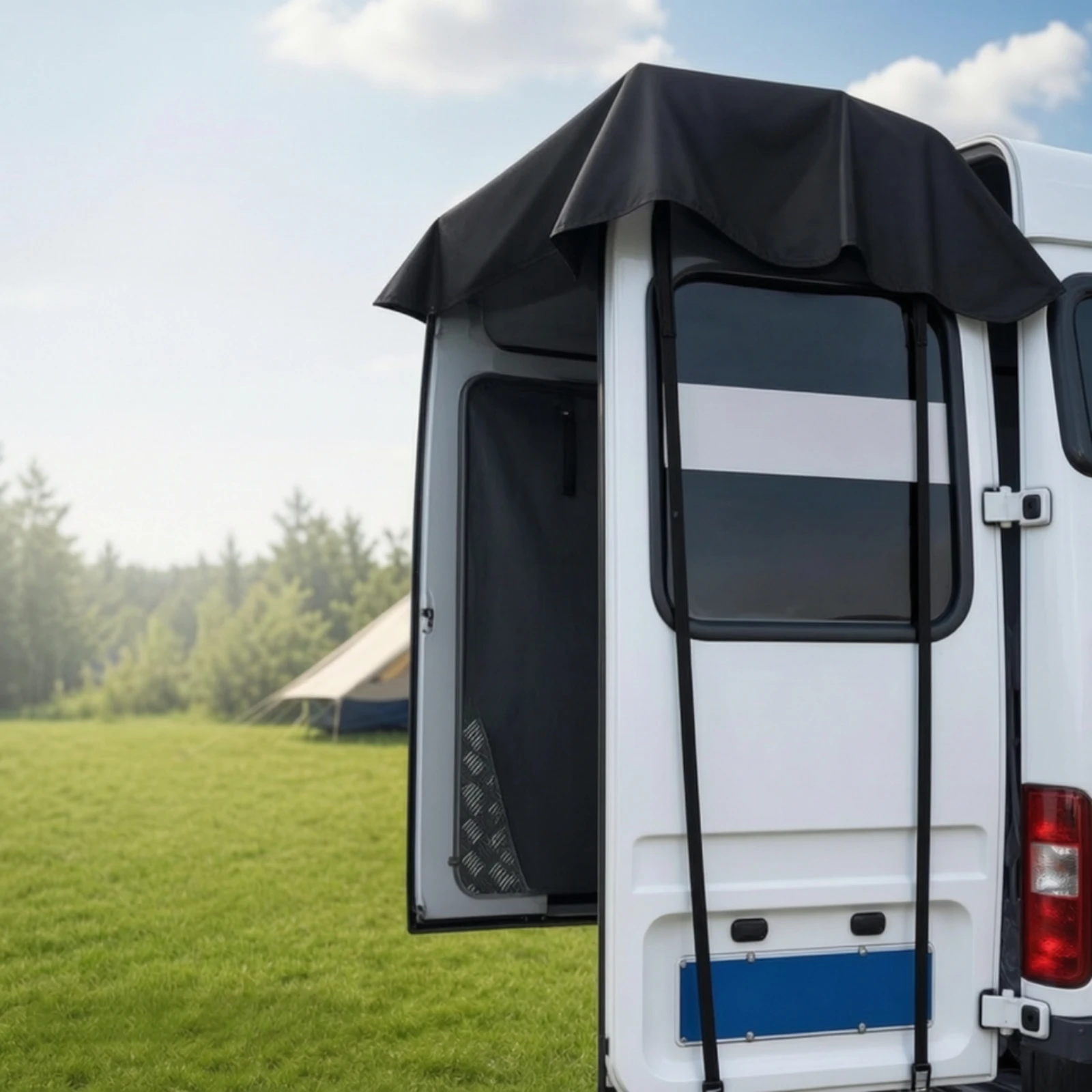 Rear Barn Door Awning Cover Waterproof Barn Door Awning with Straps Heavy-Duty Sturdy for Campers, Camping, Road Trips view 4