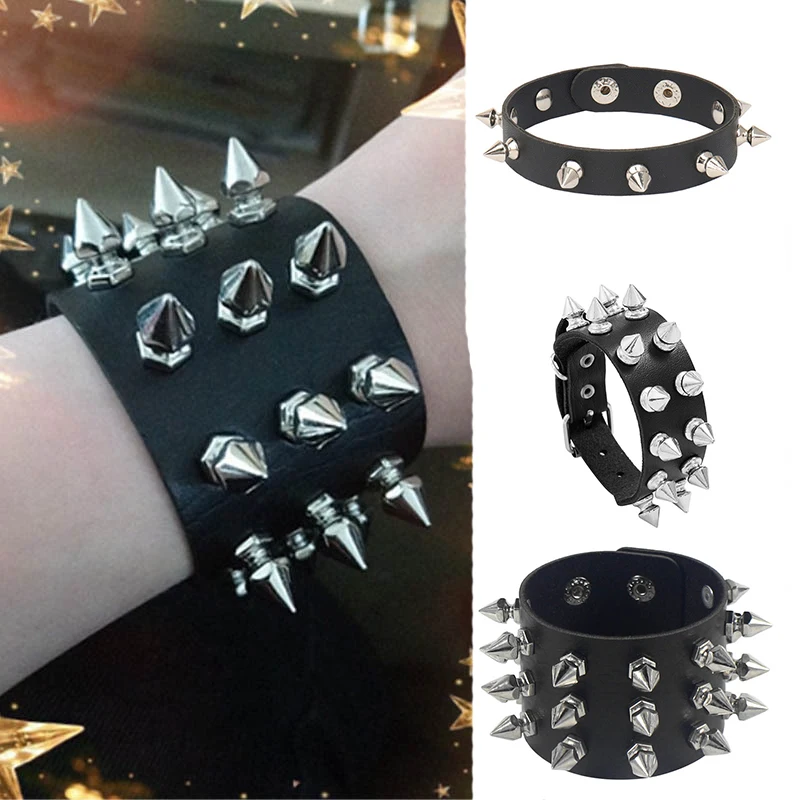 Punk Bracelet for Men Women Goth Black Leather Wristband with Metal Spike Studded Spike Rivets Cuff Bangle Adjustable