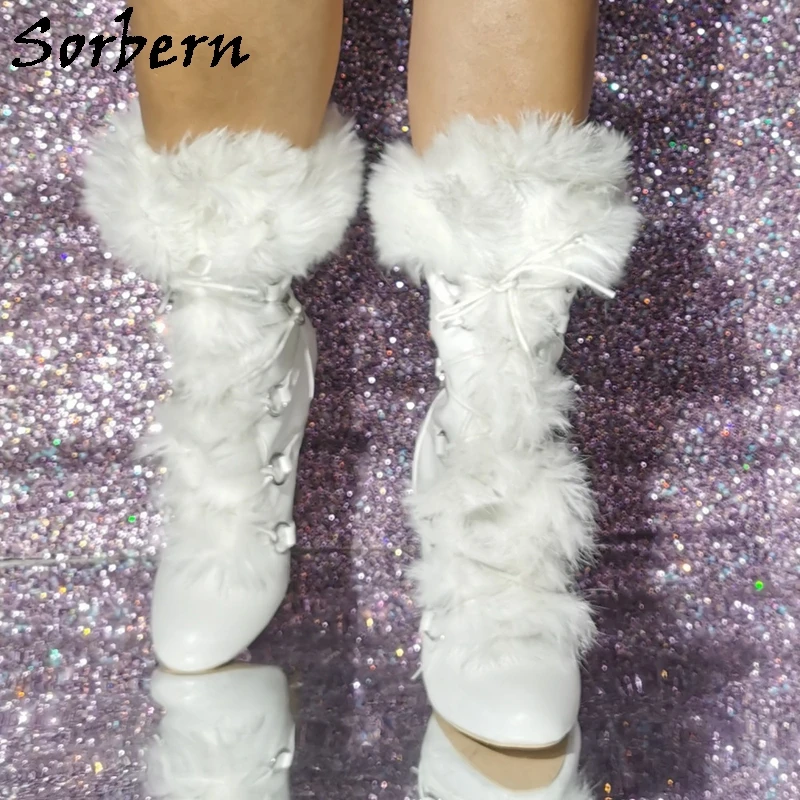 

Sorbern White Faux Fur Short Booties Female Winter Style Hoops Lace Up Ankle High Stilettos Round / Pointed Toe Shoes Custom