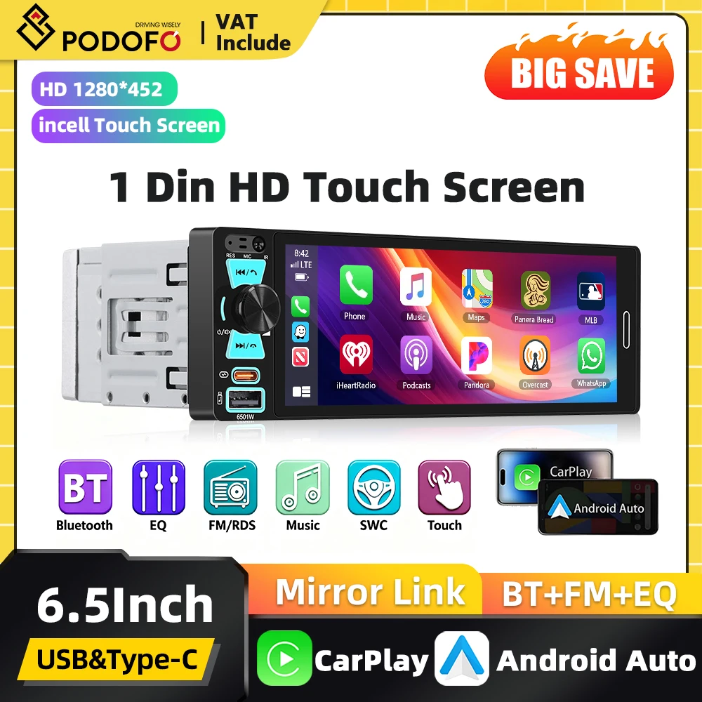 Podofo 6,5 Zoll 1DIN Incell Touch Autoradio Carplay Android Auto Mirror Link FM AM RDS Multimedia-Player Universelles Autoradio für VW AUDI