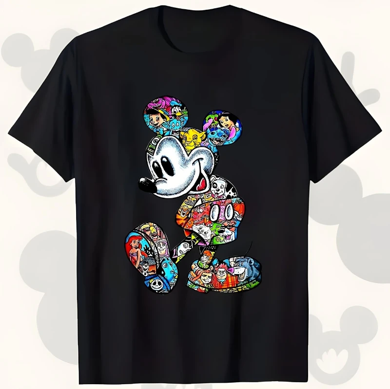 

Cute Patterned T-shirt Featuring Disney Mickey and Minnie, Perfect for Spring and Summer Round Neck Tops