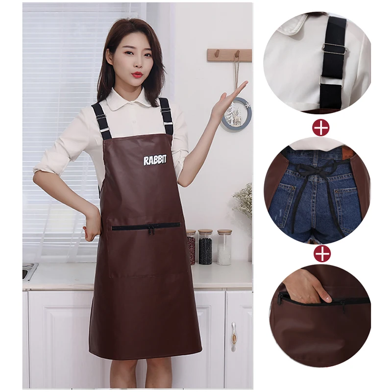 PU Leather Waterproof Apron Strap Adjustable Anti-Fouling Oil-proof Cafe Restaurant Cooking Cleaning Apron