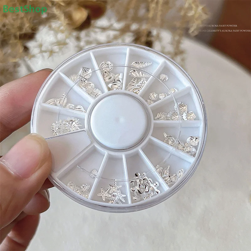 Abalorios para uñas con remaches de océano dorado 3D, 12 rejillas, caballito de mar mezclado/estrella de mar/perlas de concha/Mini cuentas de Caviar/decoración de joyería para uñas con diamantes de imitación