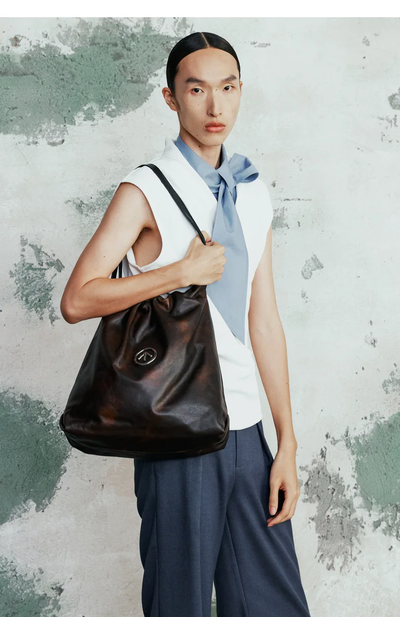 GROTTO Genuine Leather Garbage Bag Casual Large Capacity Medium Size Mother and Child Bag Single Shoulder Crossbody Soft Bag