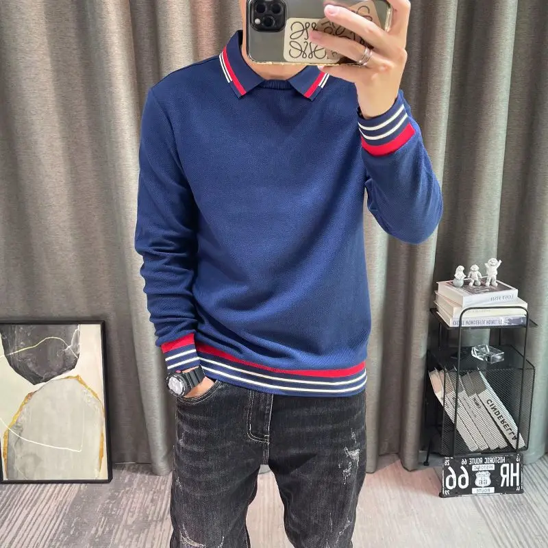 Black Stripe Pullover Business Tight Mens Polo Shirts Formal Slim Fit Male Sweatshirts Korean Autumn Luxury Elasticity Polyester