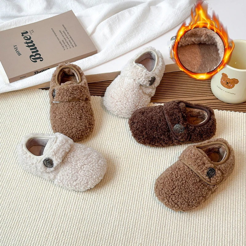 

Girls Plush Shoes Autumn Winter Warm Thermal Cotton-padded Kids Flats Children Casual Shoes Fluffy with Rhinestone Chic Sweet