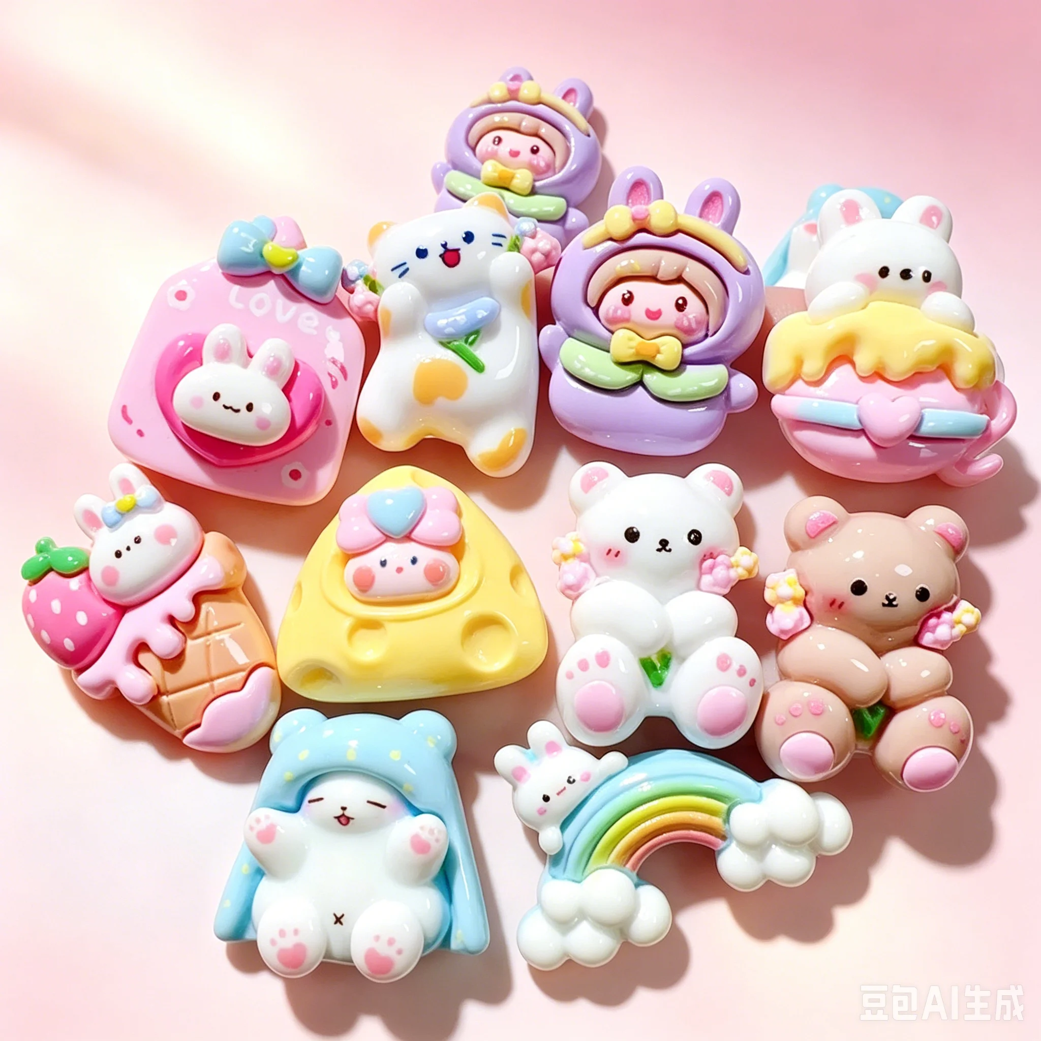 8Pcs Cute Resin Rabbit Bear Cake Rainbow Series Flat Back  Parts Embellishments For Hair Bows Accessories
