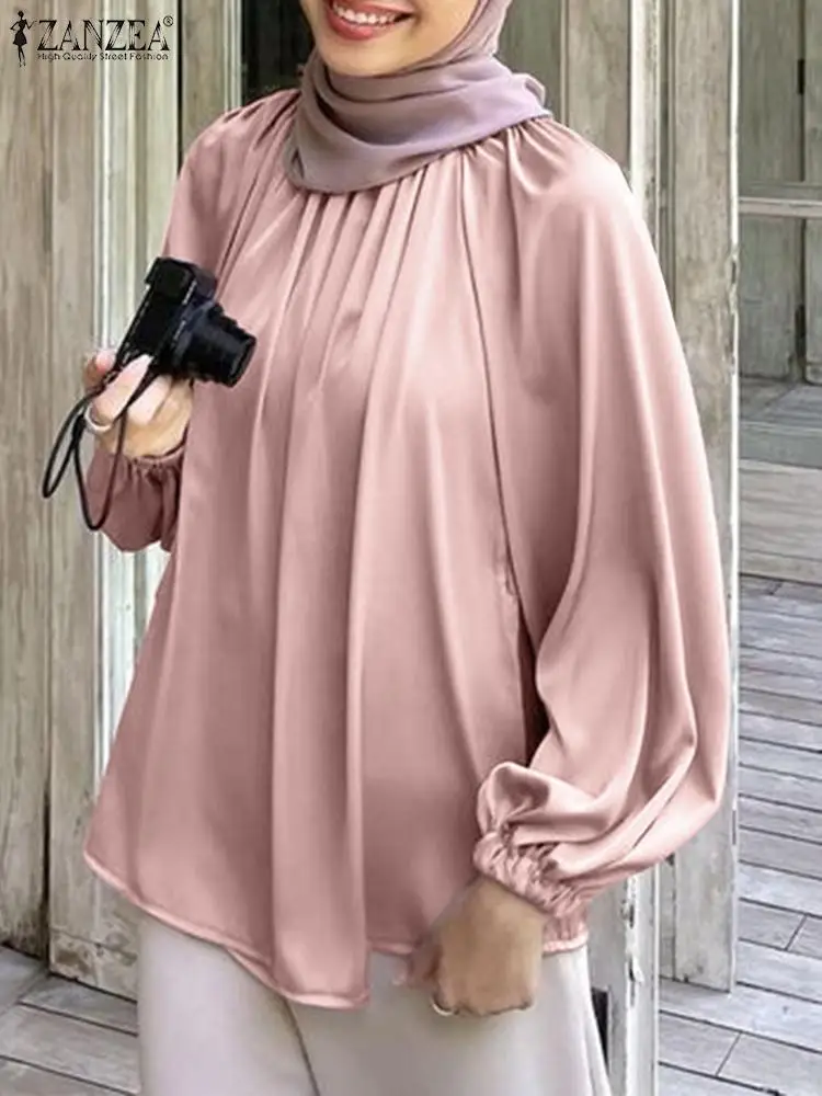 

ZANZEA Women Elegant Muslim Blouse Long Sleeve Satin Tops Ramadan Abaya Work Shirt Turkey Hijab Blusas Solid Islamic Clothing