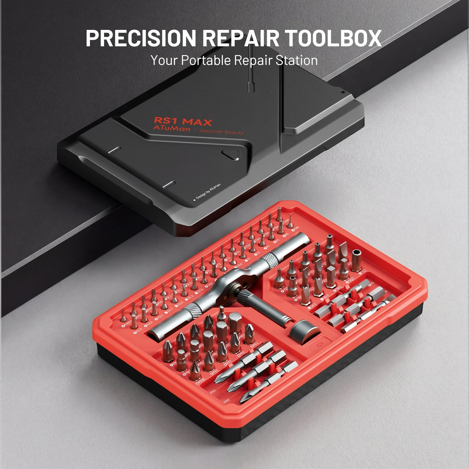 ATuMan RS1 MAX 70-in-1 Precision Screwdriver Set, 68 S2 Steel Bits, 40-Tooth Ratchet Repair Tool Kit